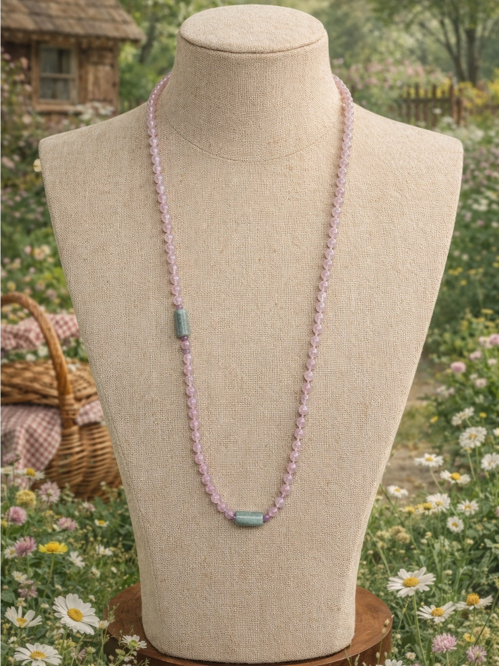 Vintage Rose Quartz, Purple Quartz & Jade Elegant Beaded Strand Necklace
